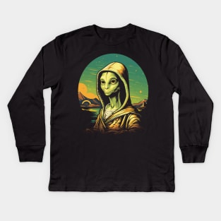 UFO Mona Lisa Alien Gifts Men Women Kids Funny Alien Kids Long Sleeve T-Shirt